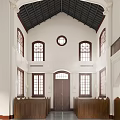 Sacred Church Interior With Wooden Pews Arched Windows And Cross Decoration