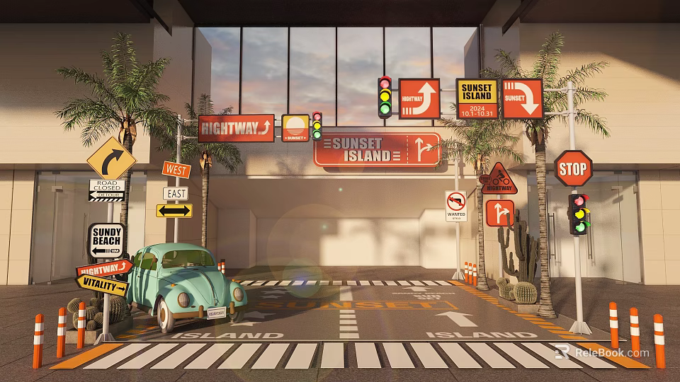 Retro Traffic Scene Photo Spot With Vintage Car Traffic Signs Palm Trees And Sunset Island 3d model 