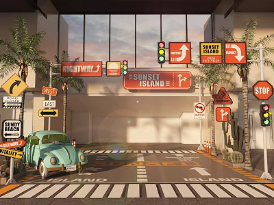 Retro Traffic Scene Photo Spot With Vintage Car Traffic Signs Palm Trees And Sunset Island 3d model