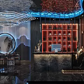Modern Store Front Desk Featuring Unique Ceiling Lighting and Decorative Wall Art 3d model