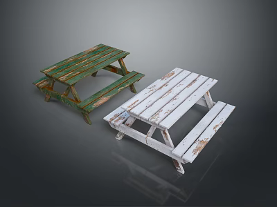 Green And White Wooden Outdoor Chairs Featuring Rustic Picnic Table Design 3d model