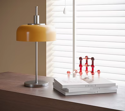 Yellow Lampshade Table Lamp with Silver Metal Pole on Wooden Table and Red Decorative Ornaments 3d model