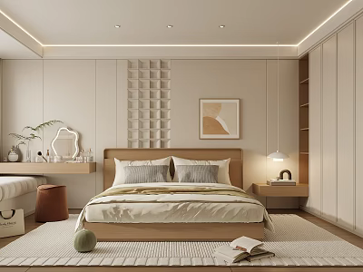 Warm Modern Bedroom Interior With Wooden Bed Nightstand Lamp Rug And Mirror 3d model