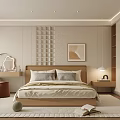 Warm Modern Bedroom Interior With Wooden Bed Nightstand Lamp Rug And Mirror