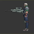 Game Movie Character With White Hair Red Scarf Green Sleeves And Blue Vest Holding Rifle
