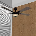 Modern Ceiling Fan Light with Wooden Blades and White Lampshade in Wooden Wall Interior