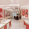 Elegant Jewelry Store Interior With Red Gold Decor Circular Display Cases And Chandelier