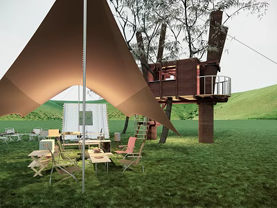 Scenic Camping Campsite With Large Brown Tent Tree House Tables And Green Grassland 3d model