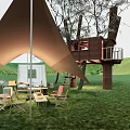 Scenic Camping Campsite With Large Brown Tent Tree House Tables And Green Grassland