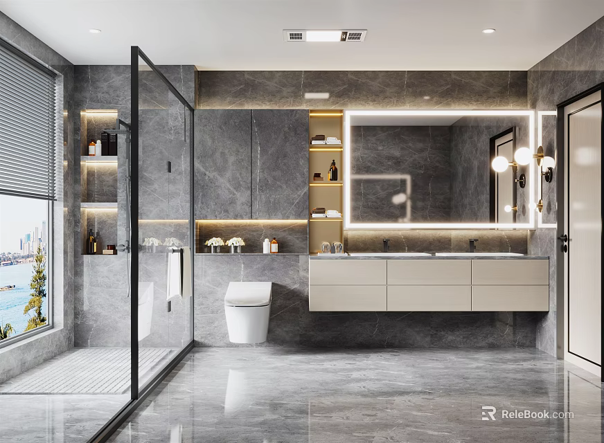 Modern Bathroom With Gray Marble Walls Glass Shower Double Vanity And Large Mirror 3d model 