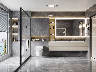 Modern Bathroom With Gray Marble Walls Glass Shower Double Vanity And Large Mirror 3d model