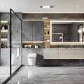 Modern Bathroom With Gray Marble Walls Glass Shower Double Vanity And Large Mirror