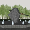 Garden Landscape with Large Stone Sculpture Circular Pool Fountains and Green Trees