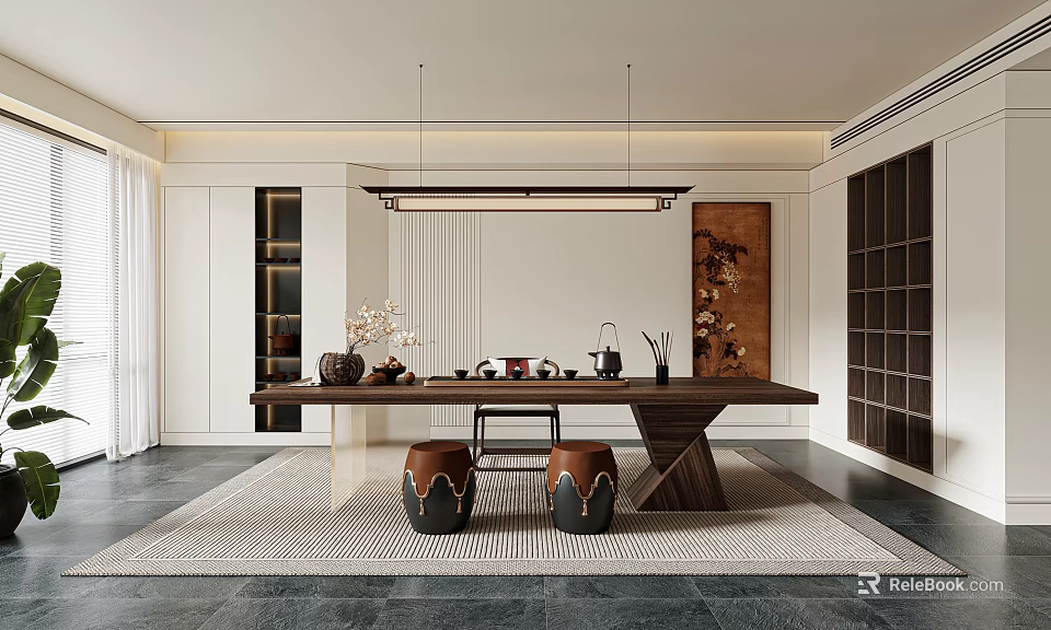 Elegant Tea Room Interior With Wooden Tea Table Brown Stools Tea Sets And Hanging Lighting 3d model 