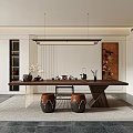 Elegant Tea Room Interior With Wooden Tea Table Brown Stools Tea Sets And Hanging Lighting