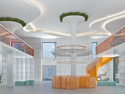 Modern Hotel Lobby With Curved Ceiling Green Plants Spiral Staircase And Orange Decor 3d model