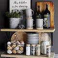 Stylish Kitchenware Display With Mugs Bottles Jars Bread Plates And Baskets On Shelves