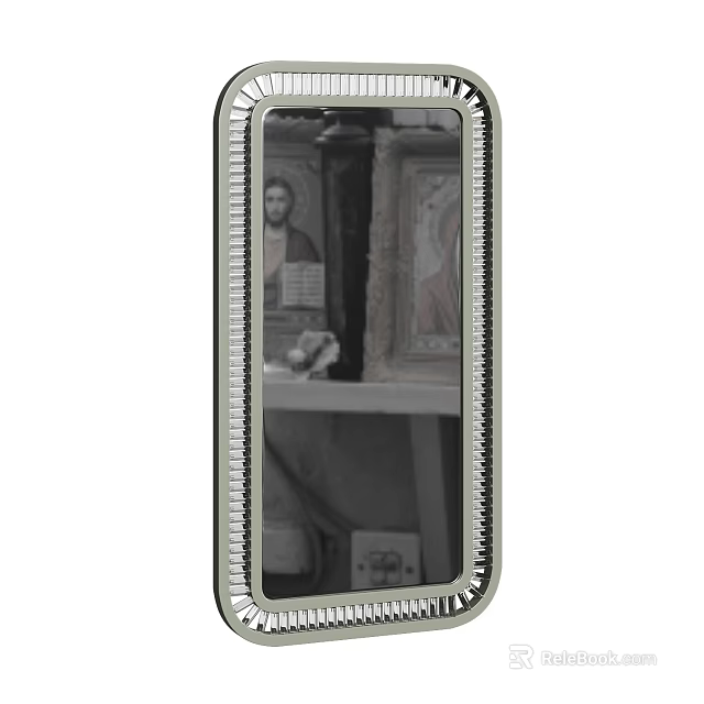 Antique Framed Mirror Reflecting Religious Icons On Wooden Shelf And Decorative Items 3d model 