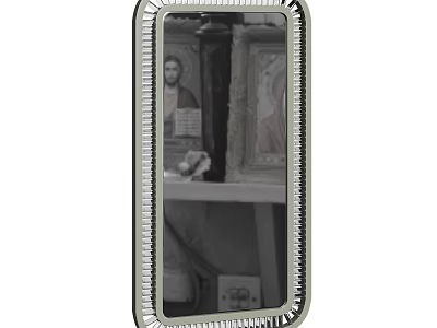 Antique Framed Mirror Reflecting Religious Icons On Wooden Shelf And Decorative Items 3d model