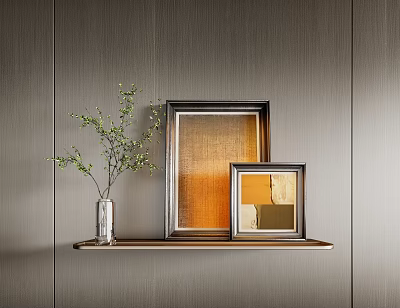 Abstract Paintings on Wooden Shelf with Vase and Green Plant against Gray Wall 3d model