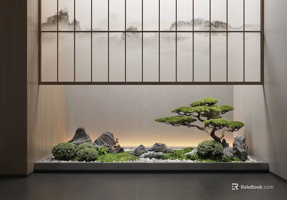 Indoor Landscape With Wooden Lattice Screen Bonsai Pine Tree Moss And Illuminated Stones 3d model 