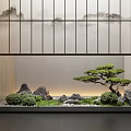 Indoor Landscape With Wooden Lattice Screen Bonsai Pine Tree Moss And Illuminated Stones