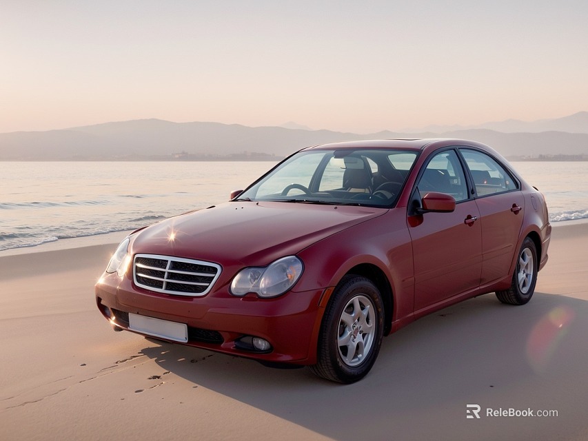 Red Sedan Car Parked On Sandy Beach With Ocean View And Mountain Backdrop At Sunset 3d model 