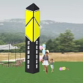 Outdoor Spiritual Fortress In Green Grassland With Mountains Trees Balloons And People