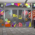 Vibrant Shopping Store Front with Colorful Glass Door Decor and Female Customer Entering