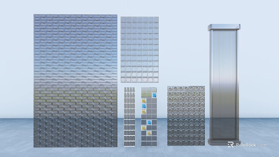 Wall Featuring Various Textured Panels Glass And Brick Design Elements 3d model