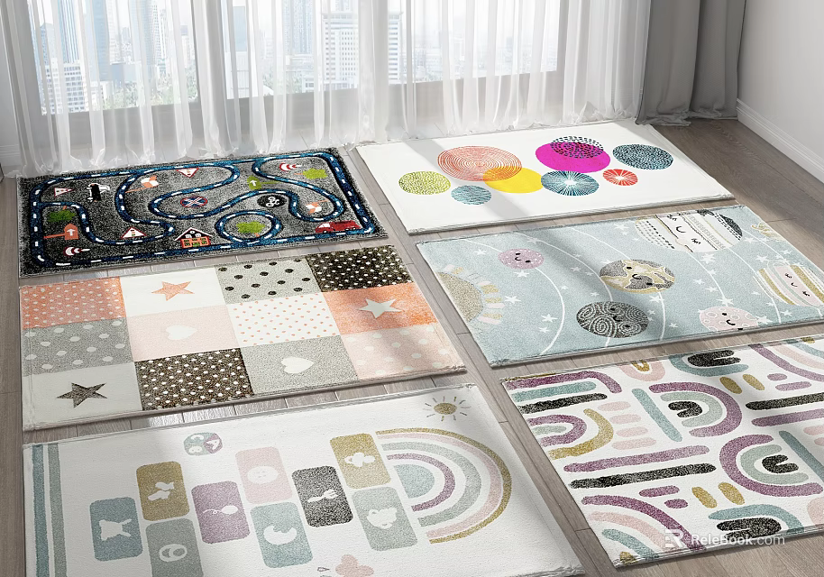Various Colorful Square Rugs With Playful Patterns Including Stars And Rainbows 3d model 