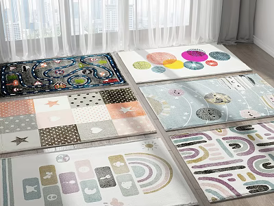 Various Colorful Square Rugs With Playful Patterns Including Stars And Rainbows 3d model