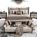 Modern Double Bed Interior With Multiple Pillows Bed End Bench Nightstands And Decorative Rug 3d model