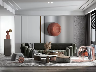 Elegant Modern Living Room Interior With Dark Green Sofa Circular Wall Decor And Geometric Rug 3d model