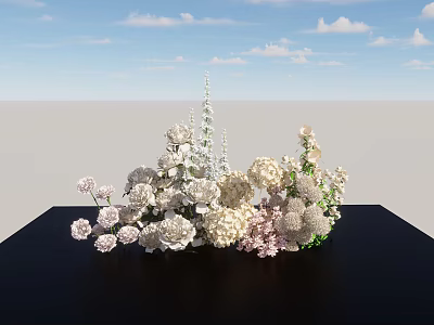Elegant Floral Display With White And Pink Flowers On Black Table Against Blue Sky 3d model
