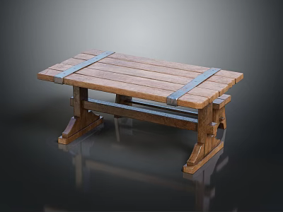 Rustic Wooden Table With Plank Top And Metal Straps On Thick Legs 3d model