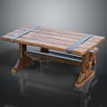 Rustic Wooden Table With Plank Top And Metal Straps On Thick Legs