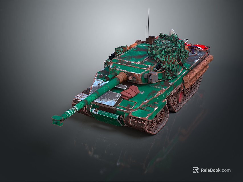 Green Camouflage Military Tank With Camouflage Vegetation Tracks And Gun Barrel 3d model 