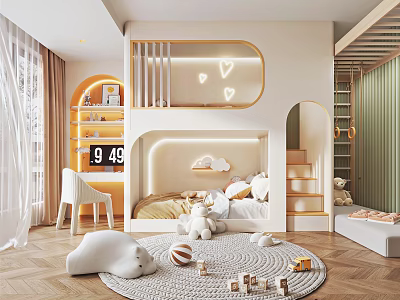Kids Room Interior With Bunk Bed Cloud Decor Stuffed Toys Round Rug And Building Blocks 3d model