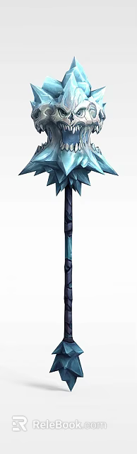 Tech Exhibition Hall Showcasing Ice Blue Spiked Crystal Weapon With Skull Design 3d model 