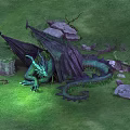 Mythical Green Dragon Resting Under Dark Branches With Rocks In Grassy Area