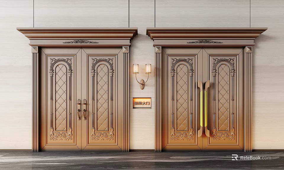 Luxurious Golden Double Doors With Intricate Carved Patterns And Wall Lamps 3d model 
