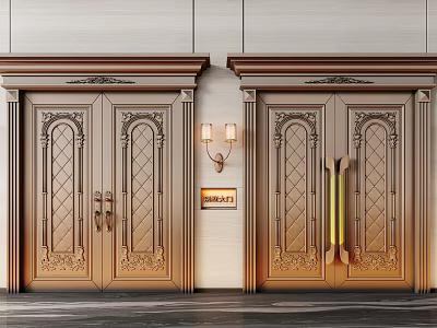 Luxurious Golden Double Doors With Intricate Carved Patterns And Wall Lamps 3d model