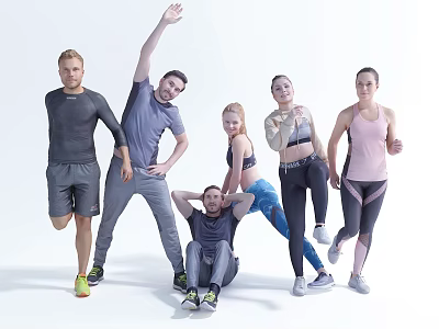 Group of People Wearing Athletic Wear Posing in Various Exercise Positions Against White Background 3d model