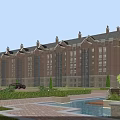 Red Brick Residential Building With Decorative Roof Large Windows And Landscaped Garden