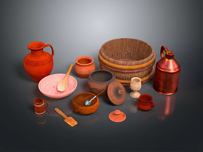 Handcrafted Sculpted Pottery Artworks Featuring Ceramic Bowls Wooden Barrels Copper Jugs And Clay Pots 3d model