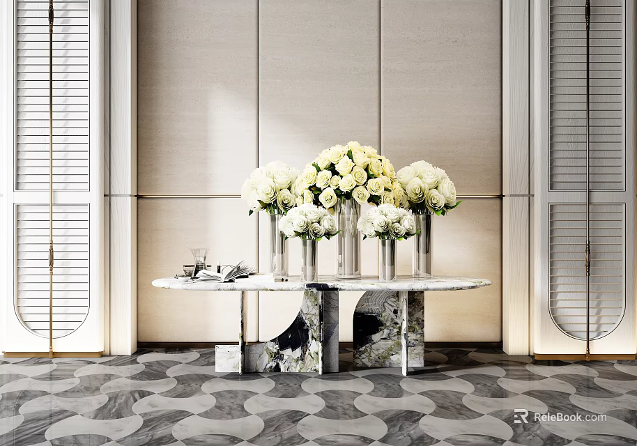 Elegant Console Table with Marble Top Metal Frame and White Flower Bouquets on Geometric Rug 3d model 