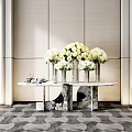 Elegant Console Table with Marble Top Metal Frame and White Flower Bouquets on Geometric Rug