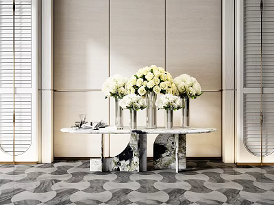 Elegant Console Table with Marble Top Metal Frame and White Flower Bouquets on Geometric Rug 3d model