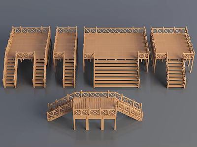 Wooden Landscape Bridge Models With Various Designs Stairs Railings And Platform Structures 3d model